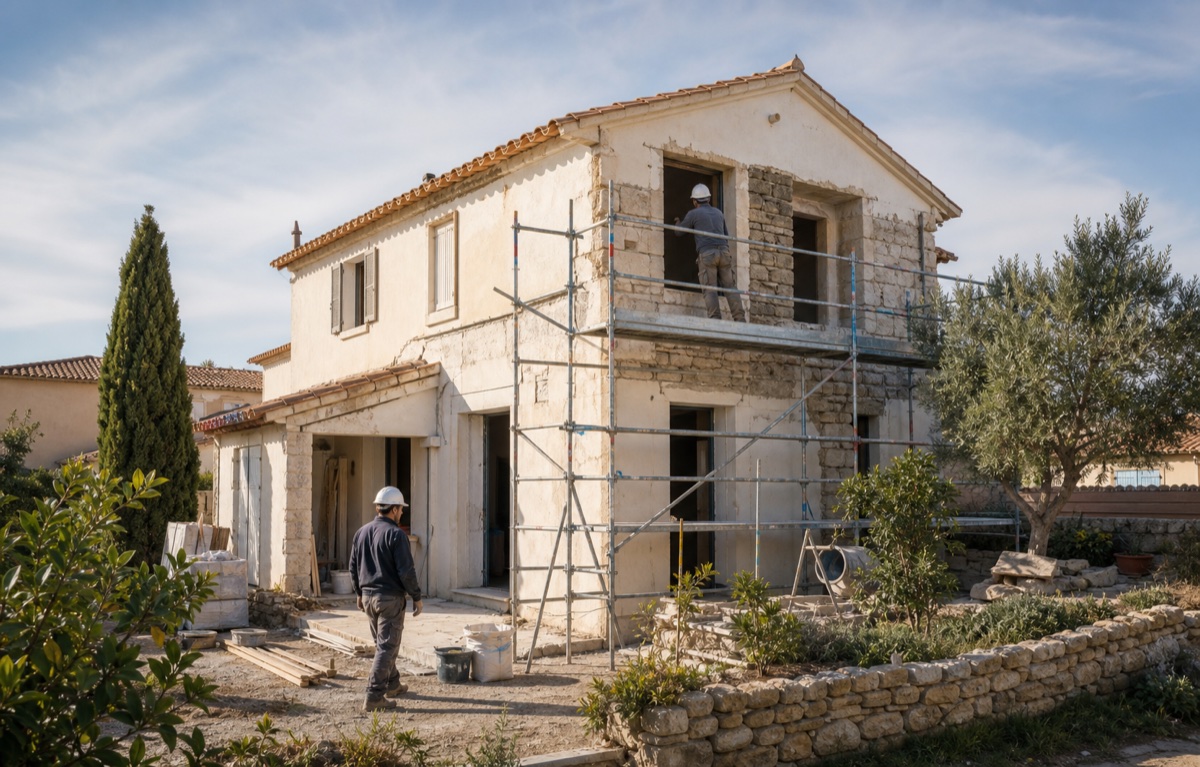 Maison méditerranéenne en cours de rénovation par des professionnels du bâtiment